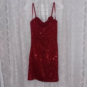Red Sequin Mini Dress with Cowl Neck